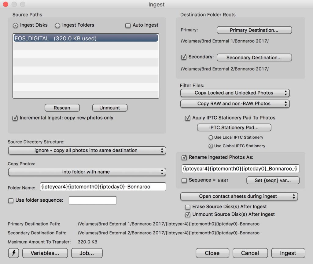 Photo Mechanic ingest dialogue using variables for creating folders and renaming files