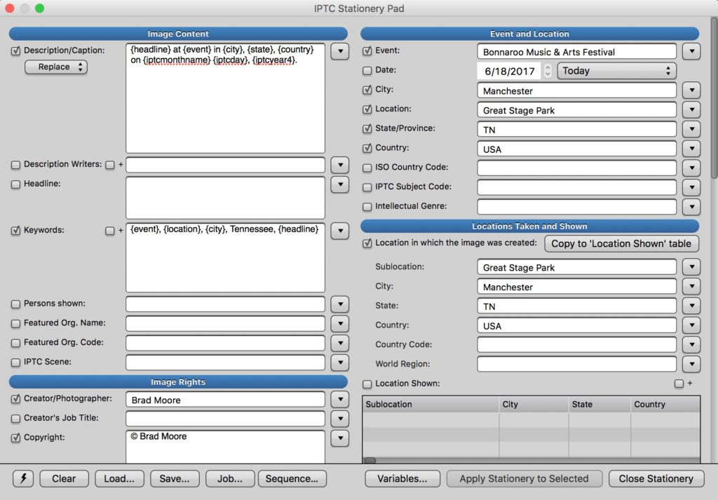 Photo Mechanic IPTC Stationery Pad for applying metadata to files upon import