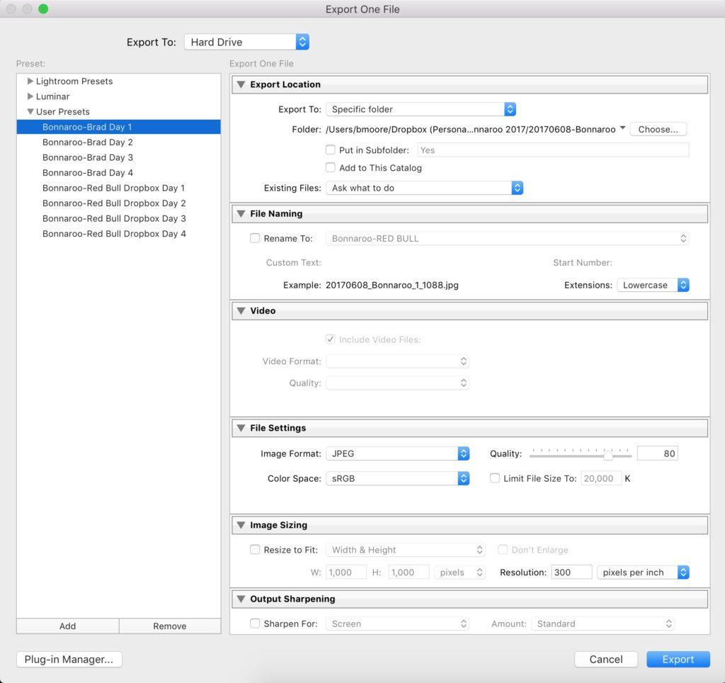 Lightroom Export dialogue box with settings for exporting to Dropbox