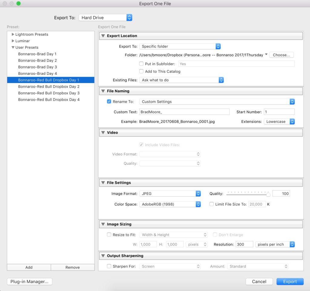 Lightroom Export dialogue box with settings for exporting to Dropbox