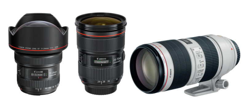 Canon 11-24mm f/4, Canon 24-70mm f/2.8, Canon 70-200mm f/2.8 lenses