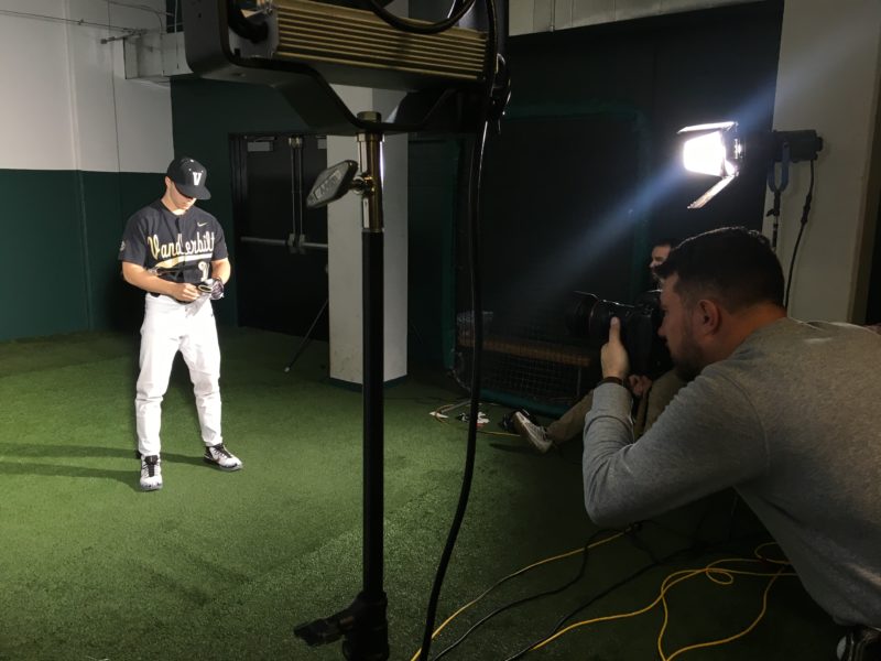 Rob Foldy photographs a Vanderbilt University baseball player for ESPN Network