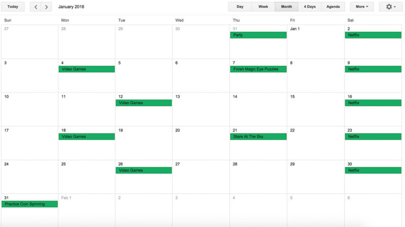 Screenshot of a not very well planned month on Google Calendar