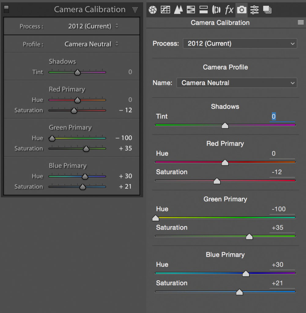 Camera Calibration settings in Lightroom and Adobe Camera Raw