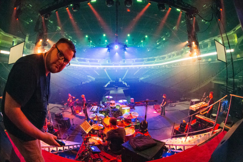 Brad Moore tests out a remote camera during Third Day's sound check at Infinite Energy Center in Atlanta, Georgia