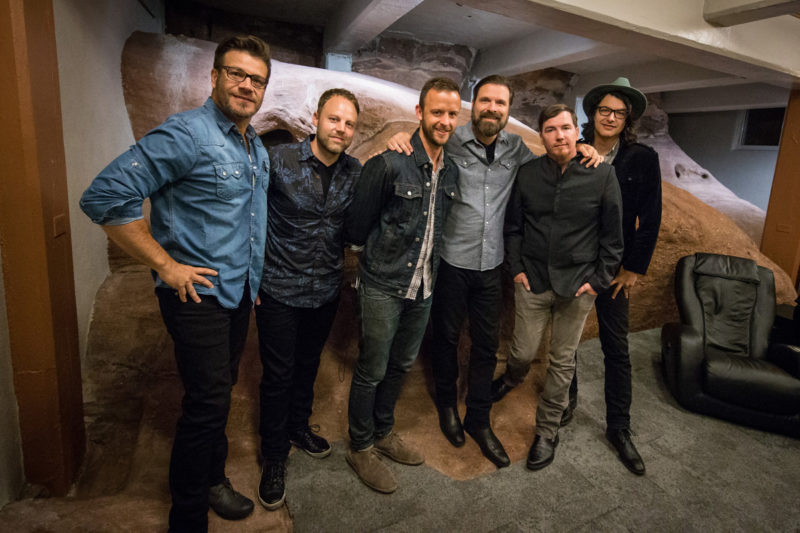 Scotty Wilbanks, David Carr, Tim Gibson, Mac Powell, Mark Lee, and Brian Bunn of Third Day pose backstage on June 14, 2015 at Red Rocks Amphitheater in Morrison, Colorado