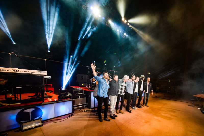 Scotty Wilbanks, Mark Lee, Matt Maher, Mac Powell, Brandon Heath, Brian Bunn, and Tim Gibson take a bow at the end of Third Day's set on June 14, 2015 at Red Rocks Amphitheater in Morrison, Colorado