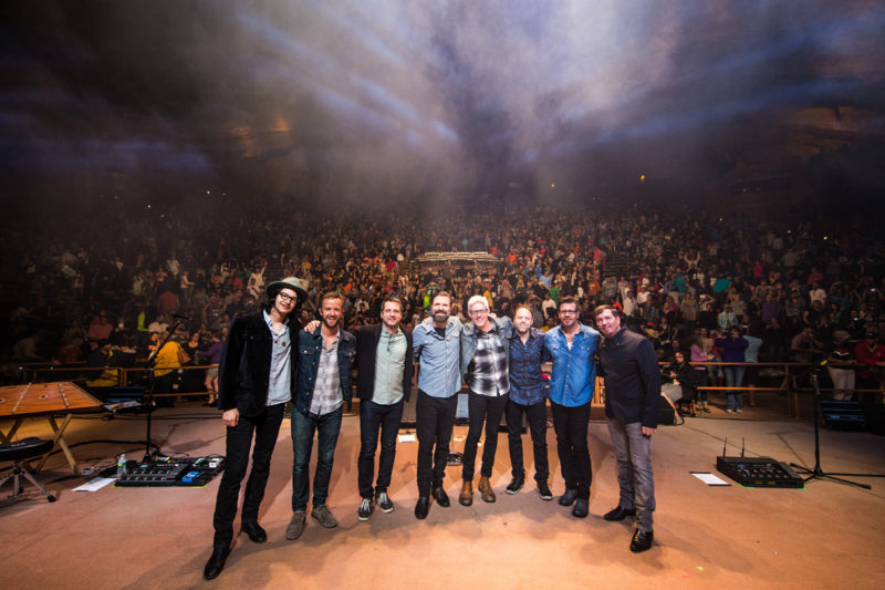 Brian Bunn, Tim Gibson, Brandon Heath, Mac Powell, Matt Maher, David Carr, Scotty Wilbanks, and Mark Lee at the end of Third Day's set on June 14, 2015 at Red Rocks Amphitheater in Morrison, Colorado